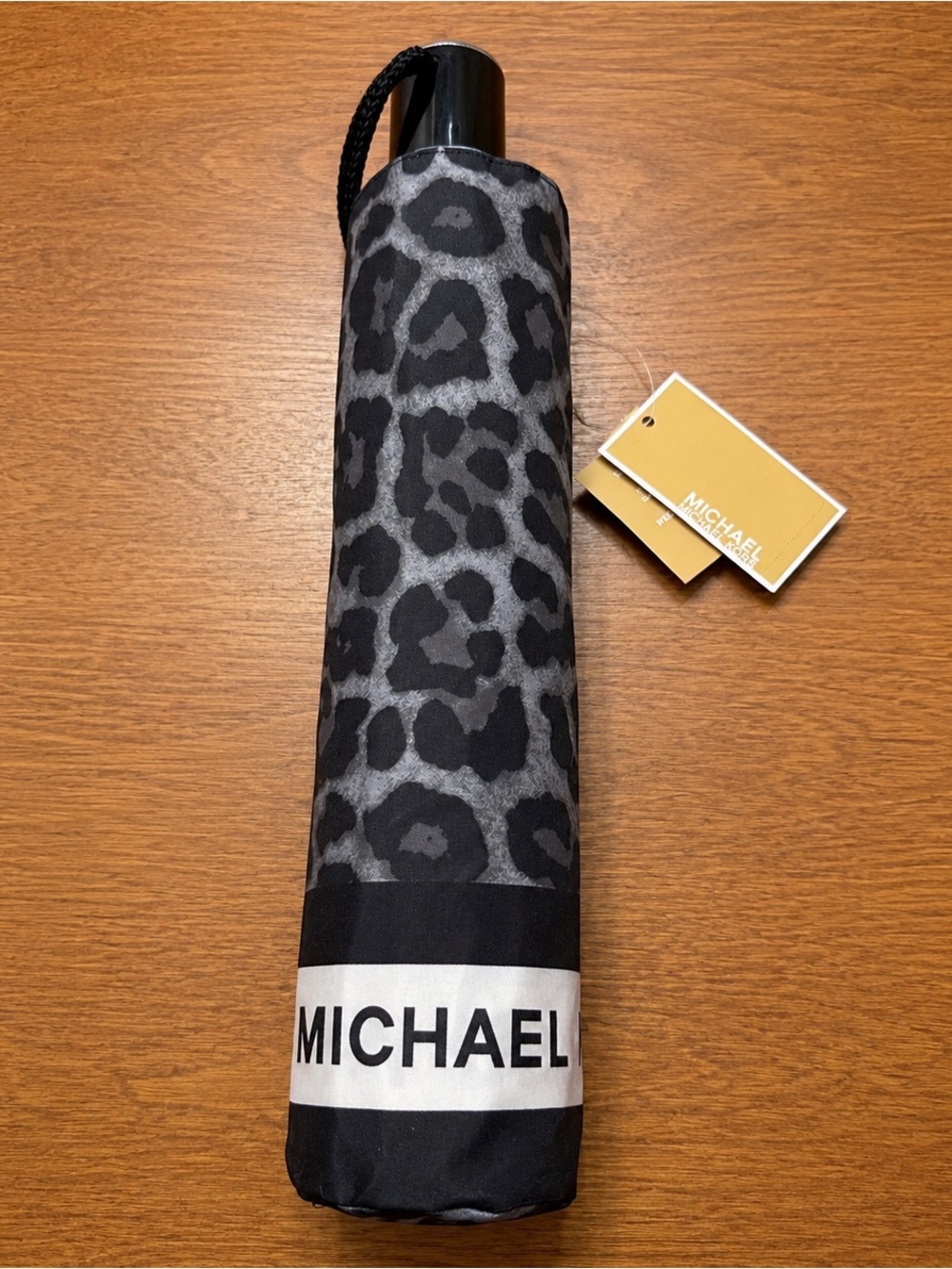 Michael Kors Black Leopard Print Travel Umbrella Compact Folding Designer NWT